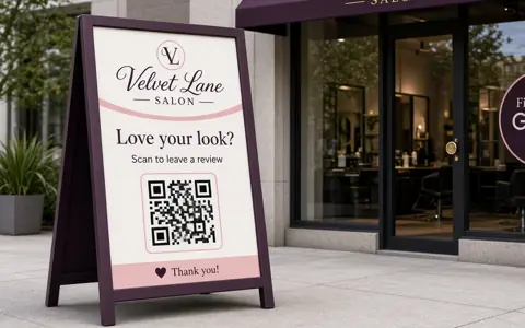 Sample A-frame sign for the fictional Velvet Lane Salon with a review QR code