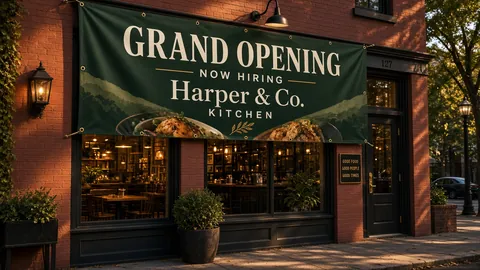 Sample 3 by 6 vinyl banner for the fictional Harper & Co. Kitchen reading Grand Opening