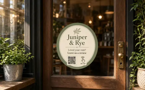 Sample window cling on a café door for the fictional Juniper & Rye, with a QR code and tap icon