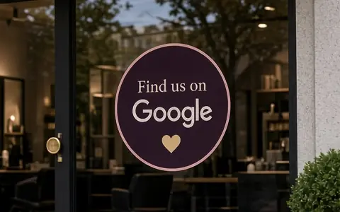 Sample round Find us on Google window decal for the fictional Velvet Lane Salon