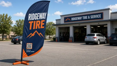 Sample feather flag outside the fictional Ridgeway Tire & Service with a bold Open Today message