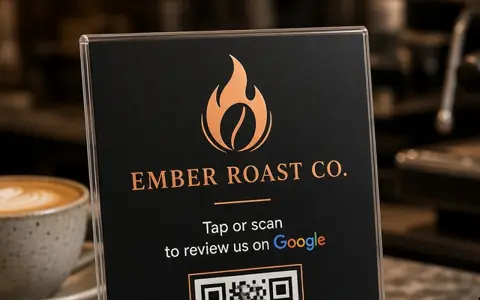 Sample acrylic QR counter stand for the fictional Ember Roast Co. on a café counter