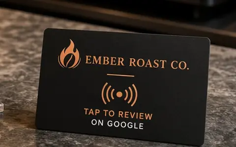 Sample black NFC tap card for the fictional Ember Roast Co. reading Tap to review on Google