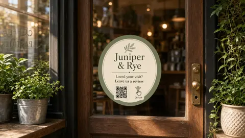 Sample design for the fictional Juniper & Rye café: door cling with QR code and tap
