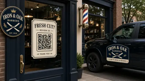 Sample design for the fictional Iron & Oak Barbers: door cling and truck magnet