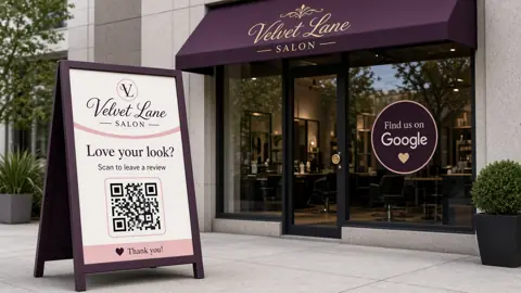 Sample design for the fictional Velvet Lane Salon: A-frame sign and Find us on Google decal
